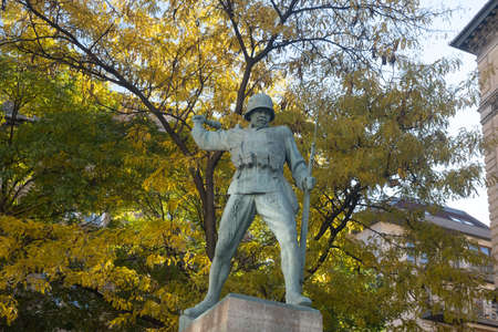 Budapest, Hungary - 1 November 2021: Soldier sculpture with grenade monument, Illustrative Editorial.のeditorial素材