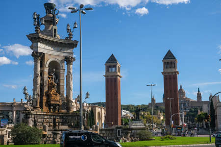 Barcelona, Spain - 5 November 2021: Venetian Towers or Torres Venecianes near Placa d Espanya, Illustrative Editorial.のeditorial素材