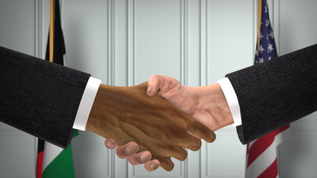 Palestine and USA Partnership Business Deal. National Government Flags. Official Diplomacy Handshake 3D Illustration. Agreement Businessman Shake Hands.の写真素材