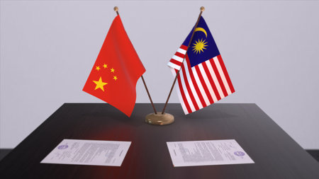 Malaysia and China flag. Politics concept, partner deal between countries. Partnership agreement of governments 3D illustration.の写真素材
