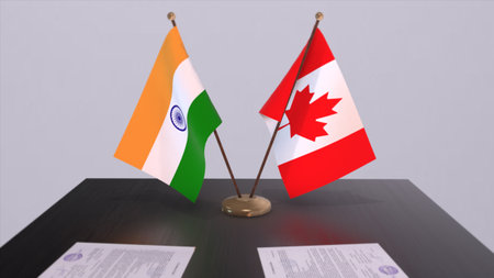 Canada and India national flags. Partnership deal 3D illustration, politics and business agreement cooperation.の写真素材