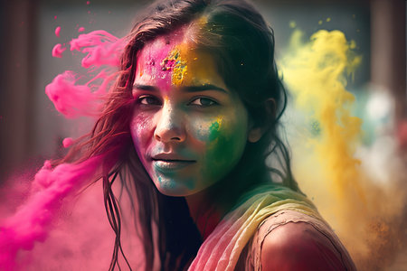 Holi Holiday Celebration Background with Person Portrait in Purple Pink Paint on Face, generative ai.の素材
