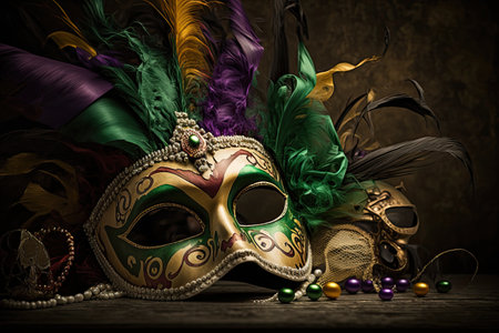 Mardi Gras Mask Costume Traditional Carnival Design Background Face, generative ai.の素材