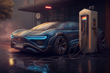 Electric car electromobile eco transport, auto engine motor with ecological energy, card model with lights and wire, generative ai.の素材