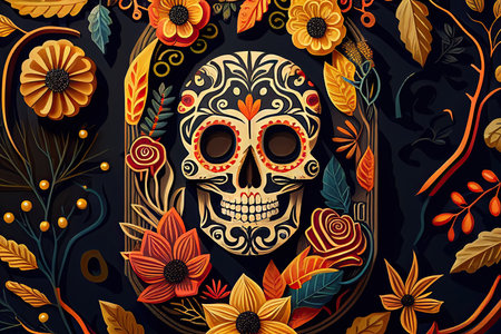 Dia De Los Muertos Background Day of the Dead Art Decoration, Bones Skull Flower Ornament Holiday Wallpaper, generative ai.の素材