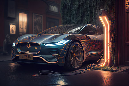 Electric car electromobile eco transport, auto engine motor with ecological energy, card model with lights and wire, generative ai.の素材
