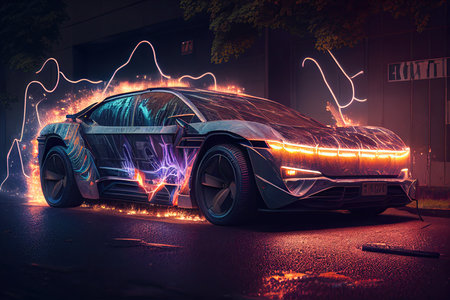 Electric car electromobile eco transport, auto engine motor with ecological energy, card model with lights and wire, generative ai.の素材