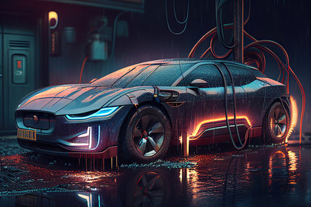 Electric car electromobile eco transport, auto engine motor with ecological energy, card model with lights and wire, generative ai.の素材