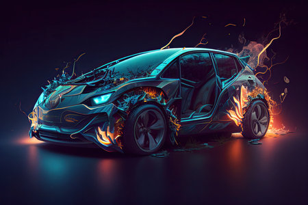 Electric car electromobile eco transport, auto engine motor with ecological energy, card model with lights and wire, generative ai.の素材