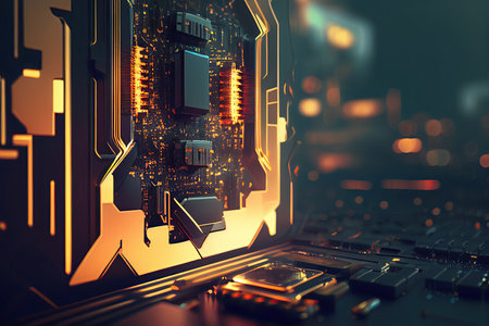 Technology Background Blue Glow Light, Abstract Digital Graphic Design Wallpaper. CPU or GPU Motherboard Chip Generative AI.の素材