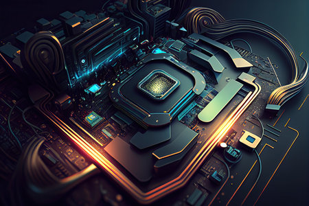 Technology Background Blue Glow Light, Abstract Digital Graphic Design Wallpaper. CPU or GPU Motherboard Chip Generative AI.の素材