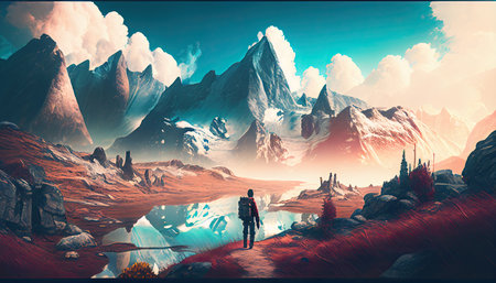 Adventure landscape travel background with copy space, nature backdrop, generative ai.の素材