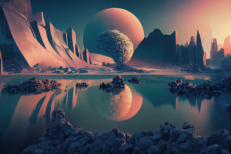 Adventure landscape travel background with copy space, space backdrop, generative ai.の素材