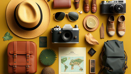 Travel flat lay background, top view on trip accessories, generative ai.の素材