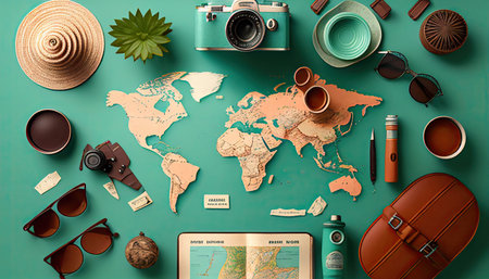Travel flat lay background, top view on trip accessories, generative ai.の素材