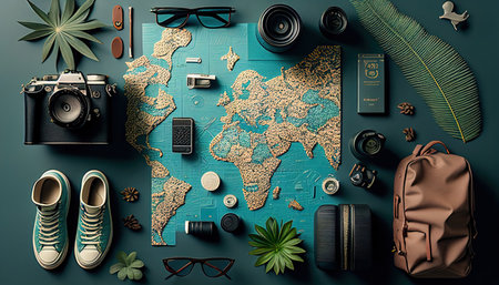 Travel flat lay background, top view on trip accessories, generative ai.の素材