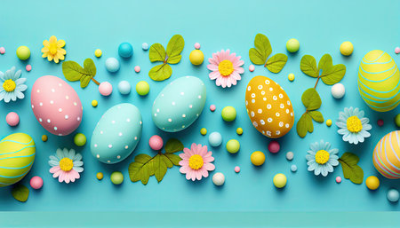 easter holiday background. Easter eggs illustration backdrop with copy space. Generative AI.の素材