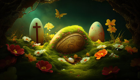 easter holiday background. Easter eggs illustration backdrop with copy space. Generative AI.の素材