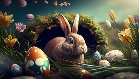 easter holiday background. Easter eggs illustration backdrop with copy space. Generative AI.の素材