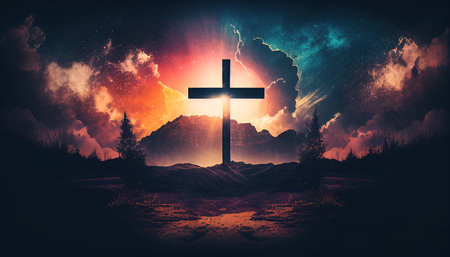 Religion landscape background, christian cross on nature backdrop, generative ai.の素材