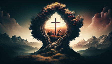 Religion landscape background, christian cross on nature backdrop, generative ai.の素材