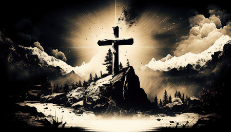 Religion landscape background, christian cross on nature backdrop, generative ai.の素材