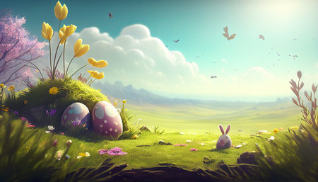 easter holiday background. Easter eggs illustration backdrop with copy space. Generative AI.の素材