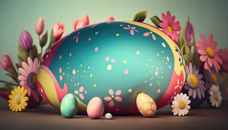 easter holiday background. Easter eggs illustration backdrop with copy space. Generative AI.の素材