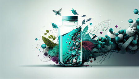 Pharmacology and pharmaceuticals, healthcare background with copy space. Generative AI illustration.の素材