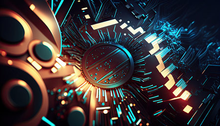 Abstract technology background, chip circuit CPU motherboard illustration, digital backdrop generative ai.の素材