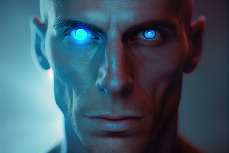 Bold man portrait with blue lights in eyes closeup, AI integrated in brain, generative AI design.の素材