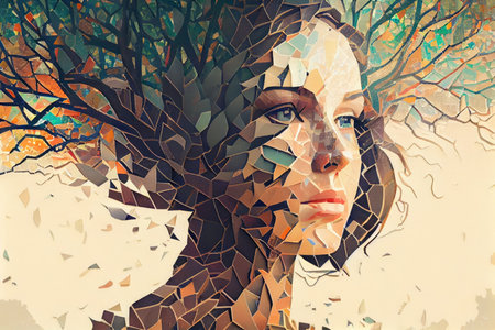 Woman face made from tree foliage and sky, mosaic portrait generative ai.の素材