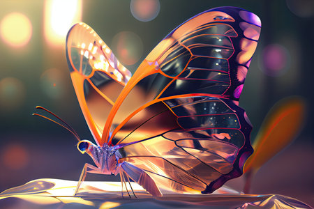 Beautiful crystal butterfly closeup with sunrays. Glass transparent magical creature, glassy wings generative ai design.の素材