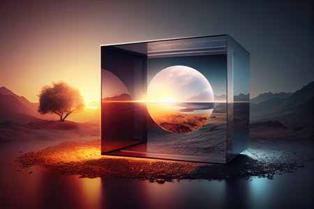 Immersive experience concept, metaverse illustration, nature landscape with abstract cube generative ai.の素材