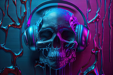 Cyber skull with headphones on blue purple background, generative AI.の素材