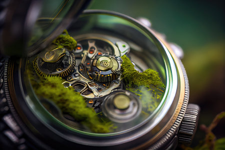 Biomechanical watch with moss growing, technology and nature concept generative ai.の素材