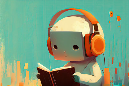 Machine learning concept, child robot listing and reading generative ai.の素材