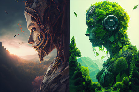 Nature and technology, two faces. Conflict concept generative ai.の素材