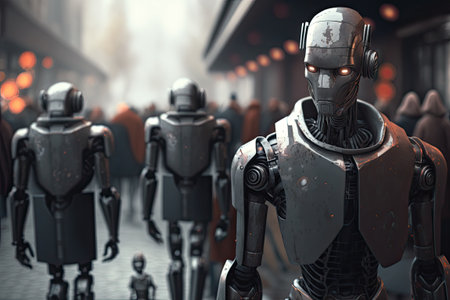 Robots replace humans, robot walking in city portrait with androids on background. Future of AI generative ai.の素材