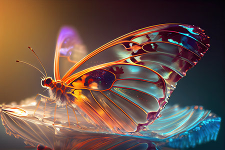 Beautiful crystal butterfly closeup with sunrays. Glass transparent magical creature, glassy wings generative ai design.の素材