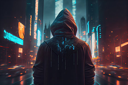 Person in hoodie in the city of the future, cyberpunk background. Man wearing hood, cyber hacker using ai to hack, neon lights outdoor generative ai.の素材