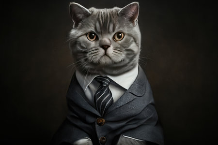 Cat in office uniform business suit on dark background. Serious cat portrait, generative ai.の素材