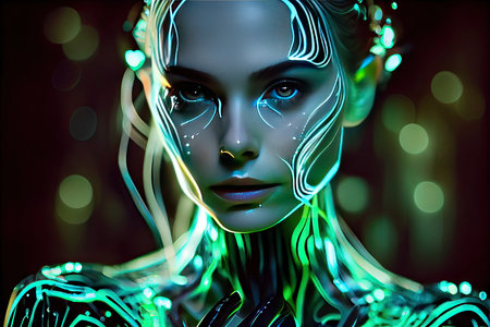 Fusion of Human and Machine: A Female Face Embodying the Technological Enhancements of Tomorrow, generative AI.の素材