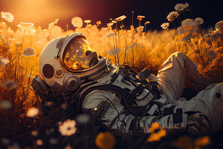 Astronaut lies in a field in nature, cosmonaut is resting in flowers, chill generative ai design.の素材