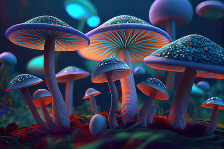 Psychedelic mushrooms grow outdoor at night generative ai.の素材
