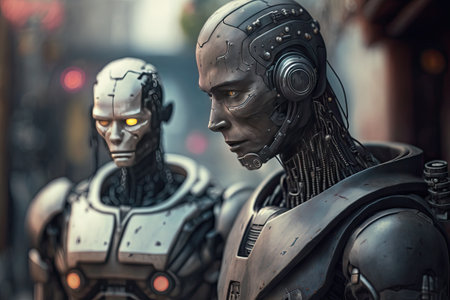 Robot portrait, robot face. Street of futuristic city generative ai. Cyborg people of the future.の素材