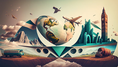 Travel abstract background with transport and nature. Trip backdrop generative ai.の素材