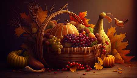 Thanksgiving day holiday illustration, celebration background with food. Generative AI.の素材
