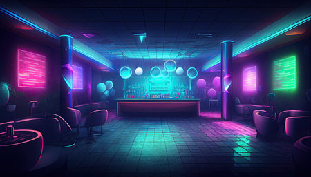 Night club background indoor interior, neon lights glow purple backdrop generative ai.の素材
