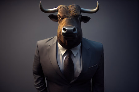 Bull in business office suit portrait. bull market, stock market, generative ai.の素材